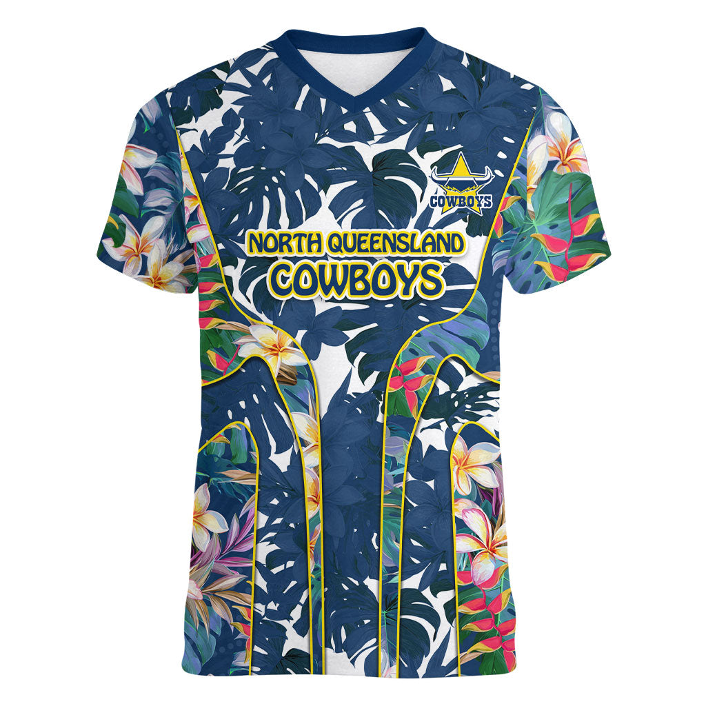 North Queensland Cowboys Women V-Neck T-Shirt Tropical Hibiscus Floral Pattern With Blue And Yellow Accents