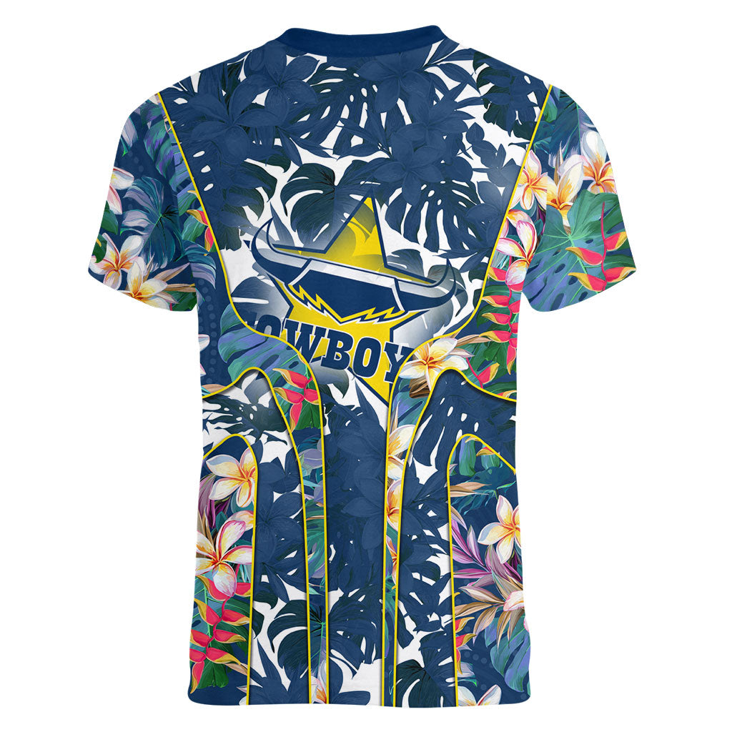 North Queensland Cowboys Women V-Neck T-Shirt Tropical Hibiscus Floral Pattern With Blue And Yellow Accents