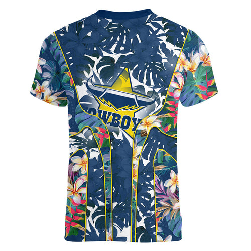 North Queensland Cowboys Women V-Neck T-Shirt Tropical Hibiscus Floral Pattern With Blue And Yellow Accents