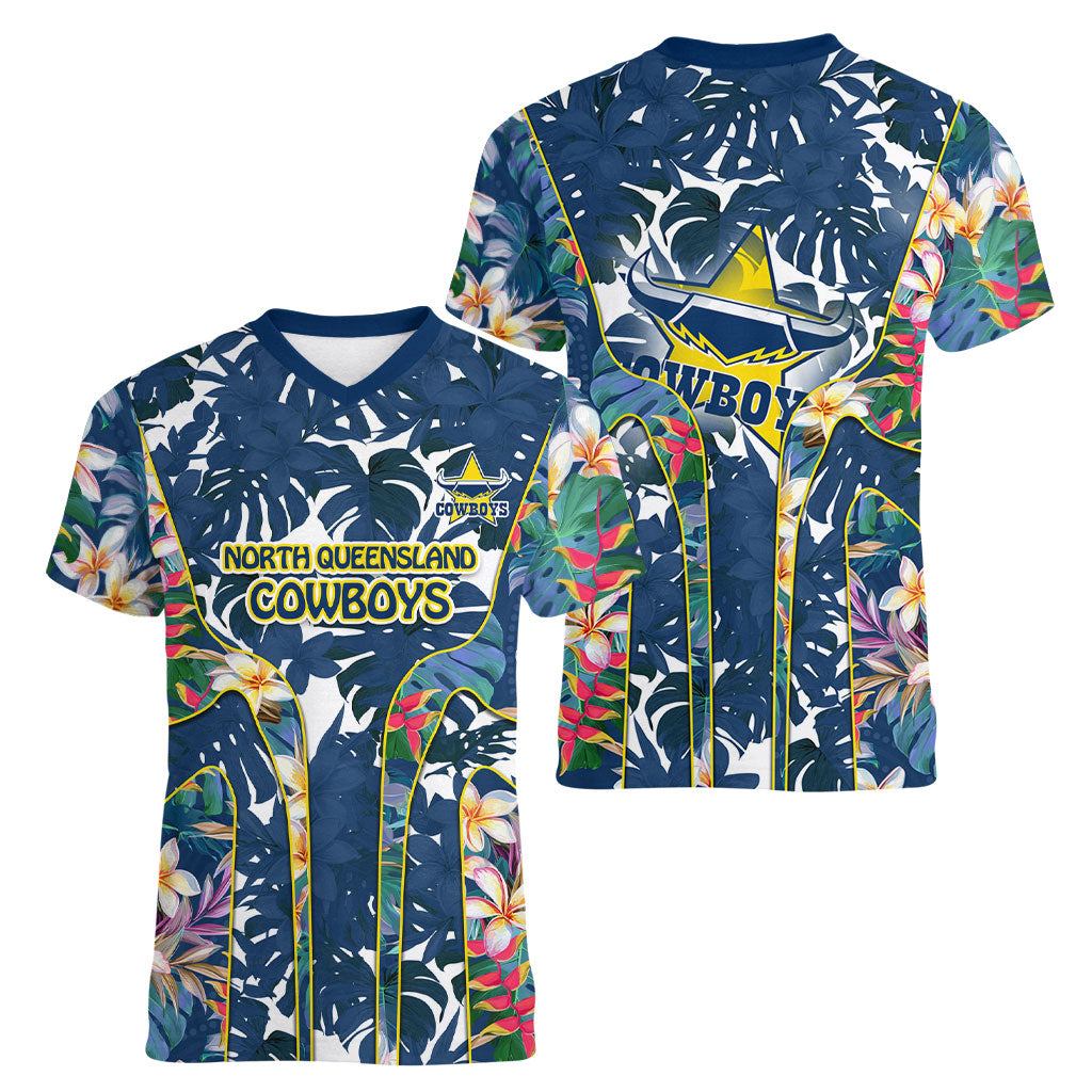 North Queensland Cowboys Women V-Neck T-Shirt Tropical Hibiscus Floral Pattern With Blue And Yellow Accents