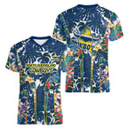 North Queensland Cowboys Women V-Neck T-Shirt Tropical Hibiscus Floral Pattern With Blue And Yellow Accents