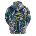 North Queensland Cowboys Zip Hoodie Tropical Hibiscus Floral Pattern With Blue And Yellow Accents