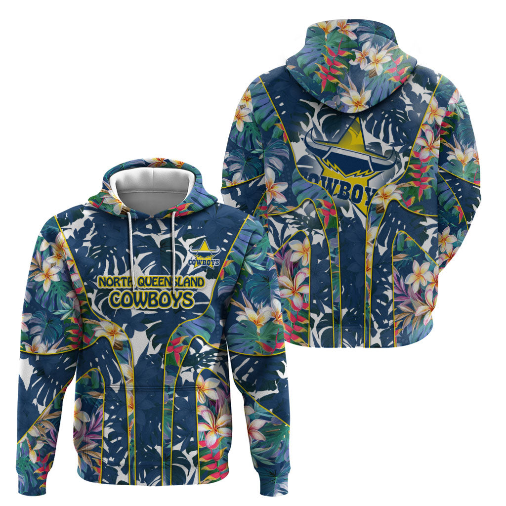 North Queensland Cowboys Zip Hoodie Tropical Hibiscus Floral Pattern With Blue And Yellow Accents