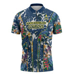 North Queensland Cowboys Zipper Polo Shirt Tropical Hibiscus Floral Pattern With Blue And Yellow Accents