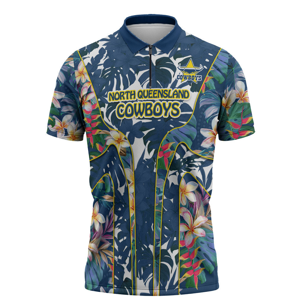 North Queensland Cowboys Zipper Polo Shirt Tropical Hibiscus Floral Pattern With Blue And Yellow Accents