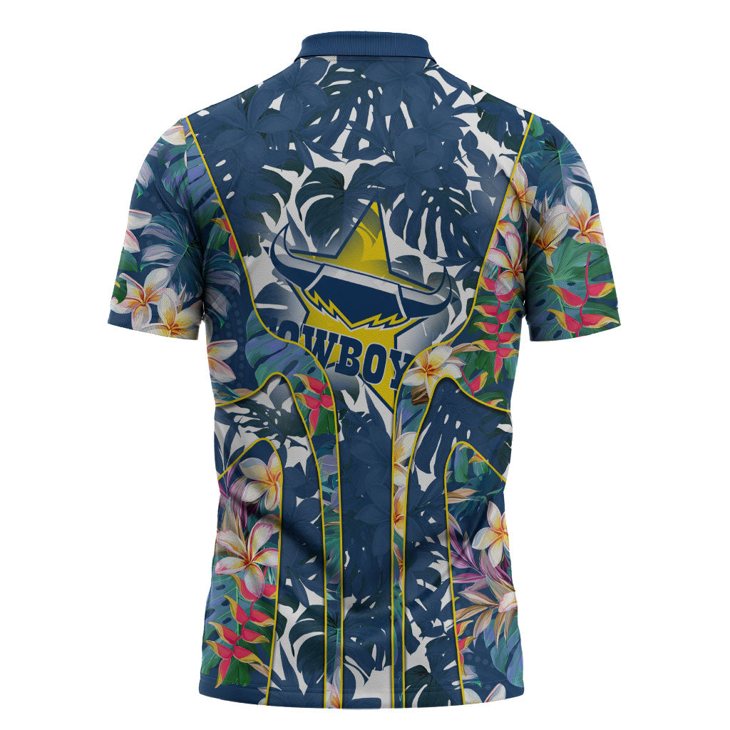 North Queensland Cowboys Zipper Polo Shirt Tropical Hibiscus Floral Pattern With Blue And Yellow Accents