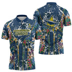 North Queensland Cowboys Zipper Polo Shirt Tropical Hibiscus Floral Pattern With Blue And Yellow Accents