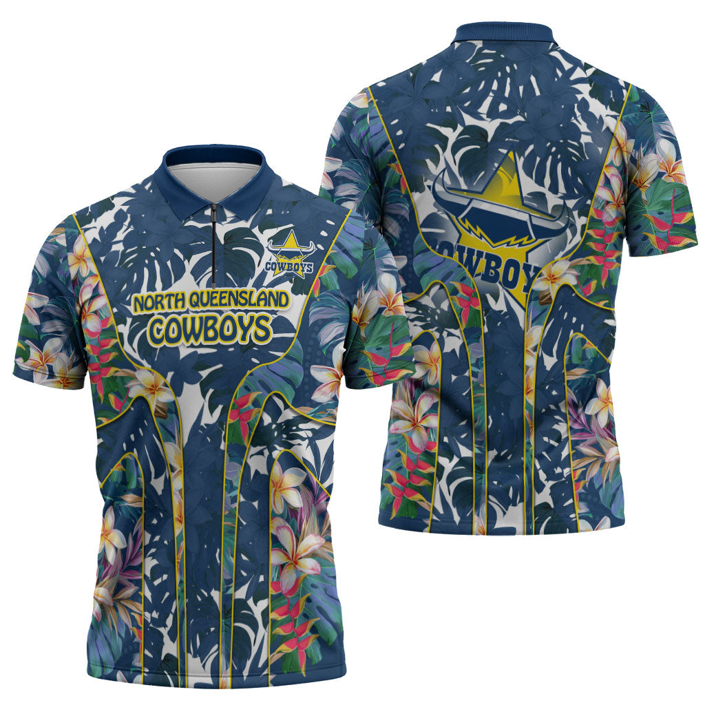 North Queensland Cowboys Zipper Polo Shirt Tropical Hibiscus Floral Pattern With Blue And Yellow Accents