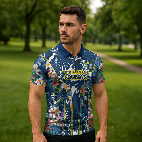 North Queensland Cowboys Zipper Polo Shirt Tropical Hibiscus Floral Pattern With Blue And Yellow Accents