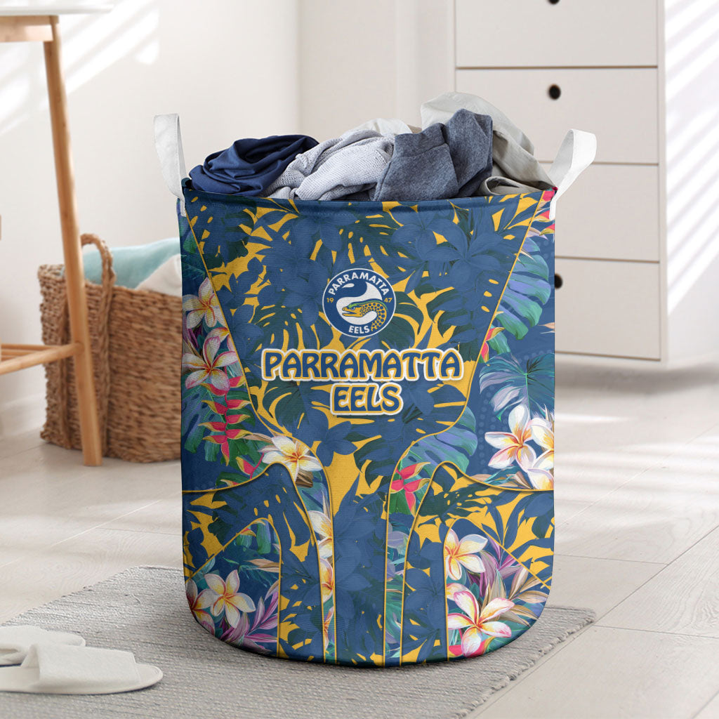 Parramatta Eels Laundry Basket Tropical Hibiscus Floral Pattern With Blue And Yellow Accents