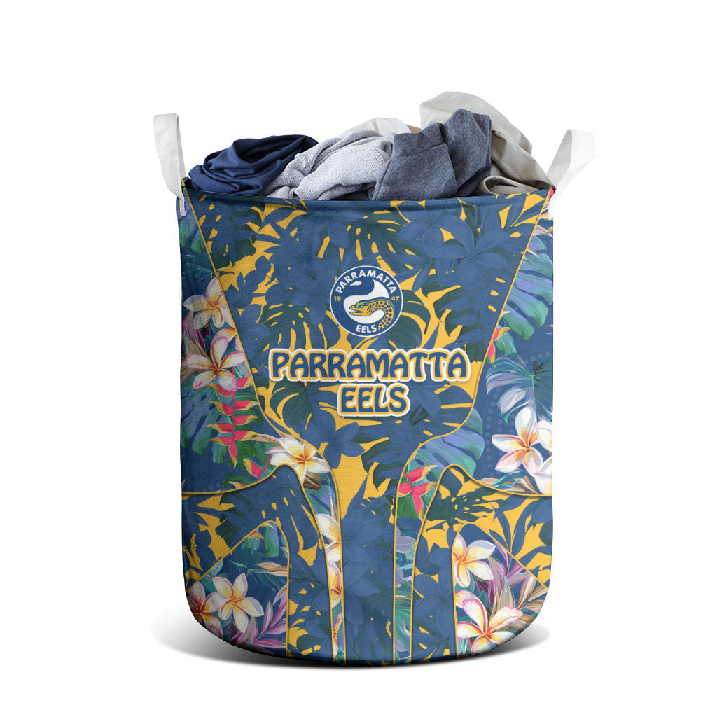 Parramatta Eels Laundry Basket Tropical Hibiscus Floral Pattern With Blue And Yellow Accents