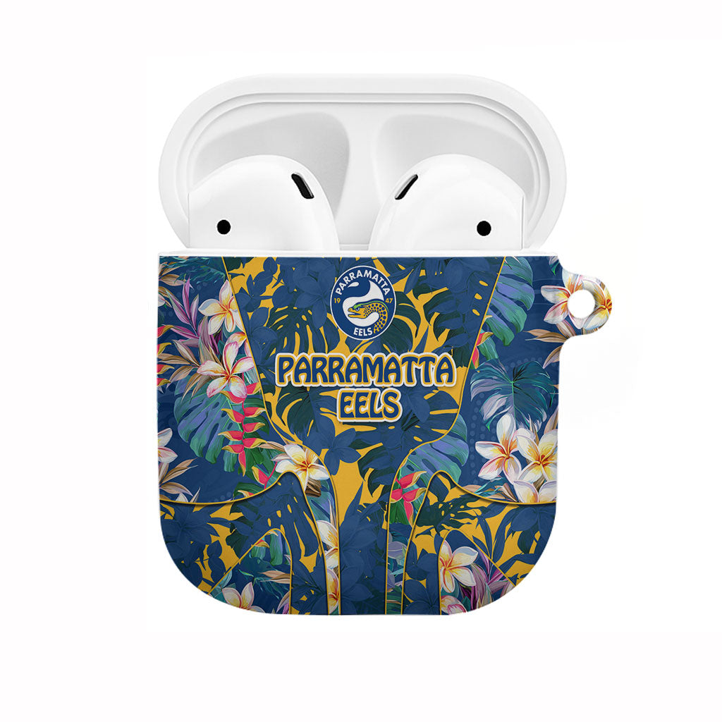 Parramatta Eels AirPods Case Tropical Hibiscus Floral Pattern With Blue And Yellow Accents