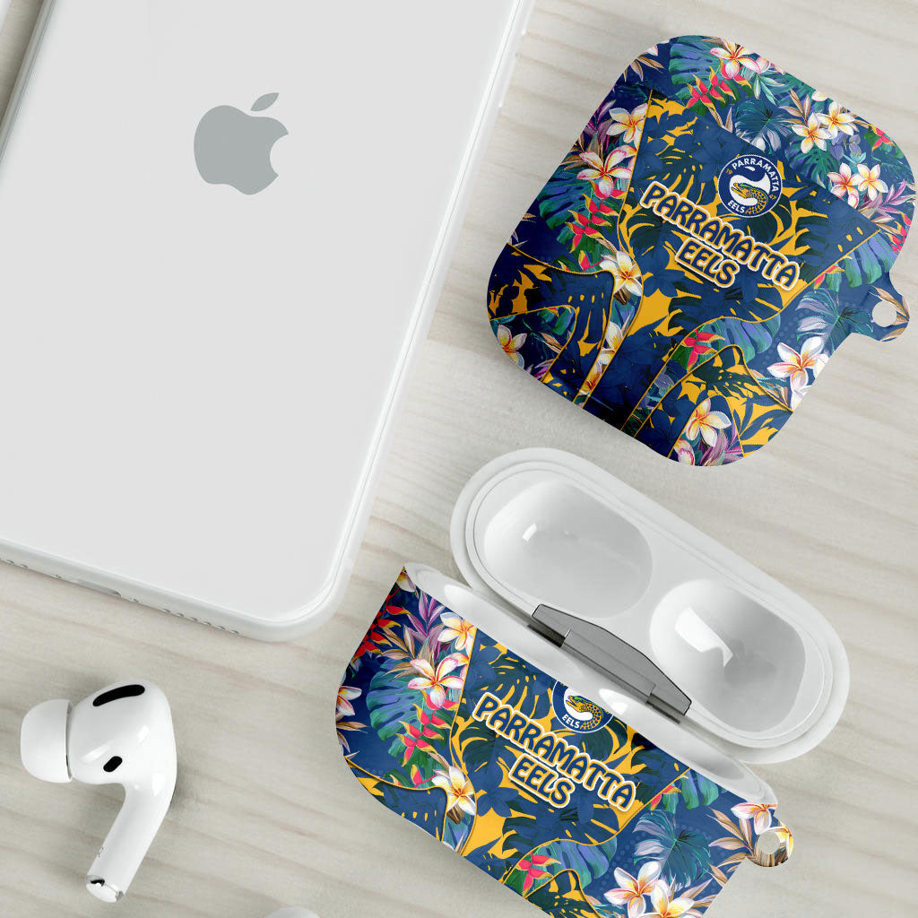 Parramatta Eels AirPods Case Tropical Hibiscus Floral Pattern With Blue And Yellow Accents