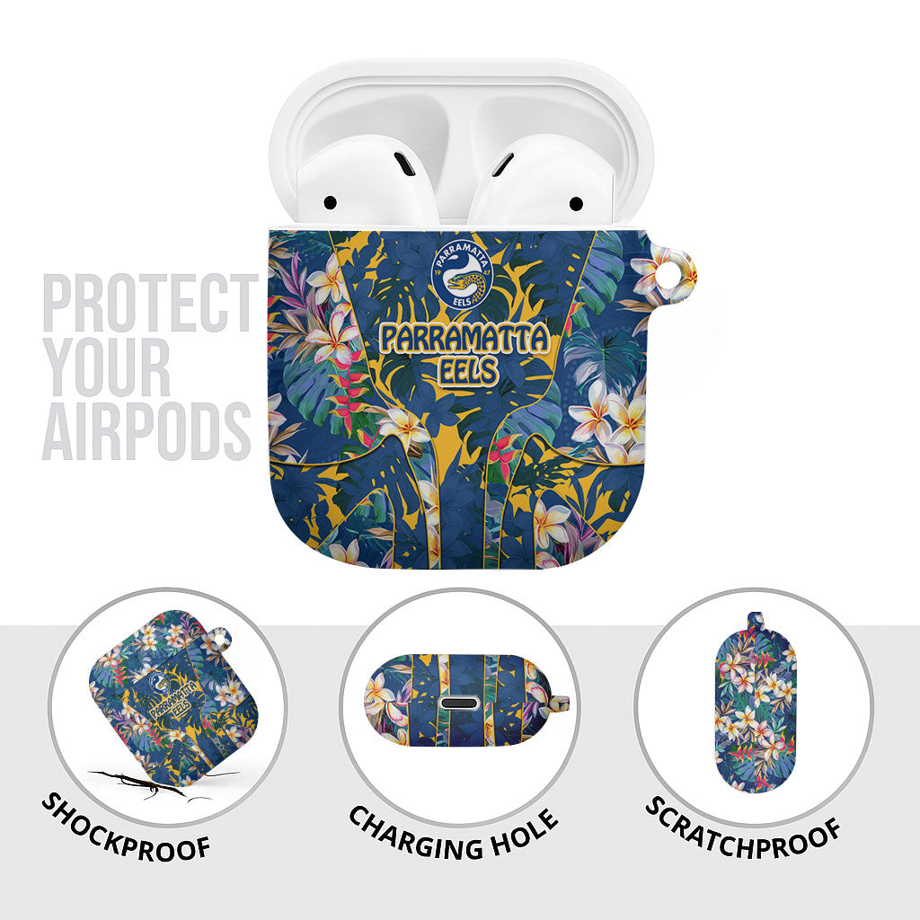 Parramatta Eels AirPods Case Tropical Hibiscus Floral Pattern With Blue And Yellow Accents