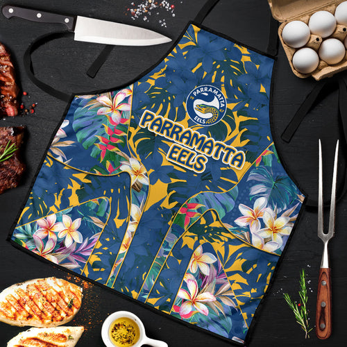 Parramatta Eels Apron Tropical Hibiscus Floral Pattern With Blue And Yellow Accents