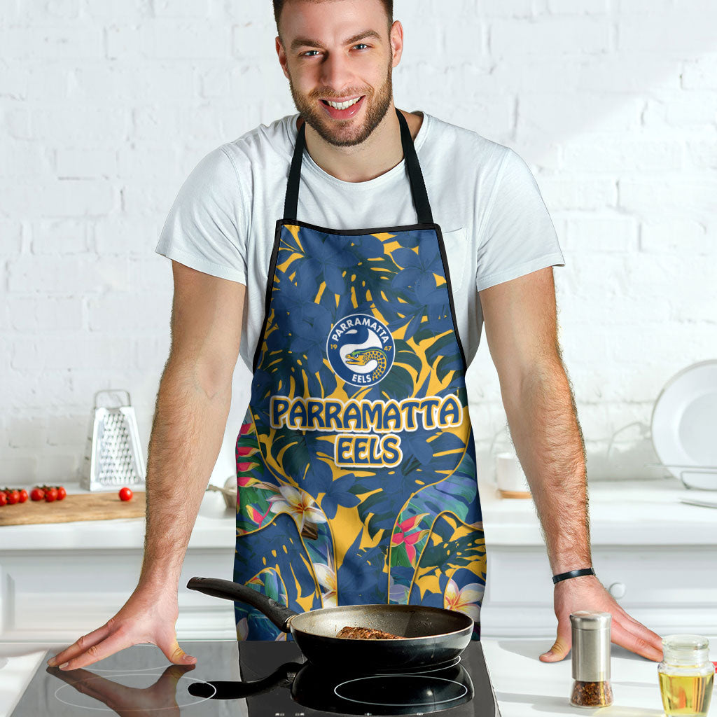 Parramatta Eels Apron Tropical Hibiscus Floral Pattern With Blue And Yellow Accents