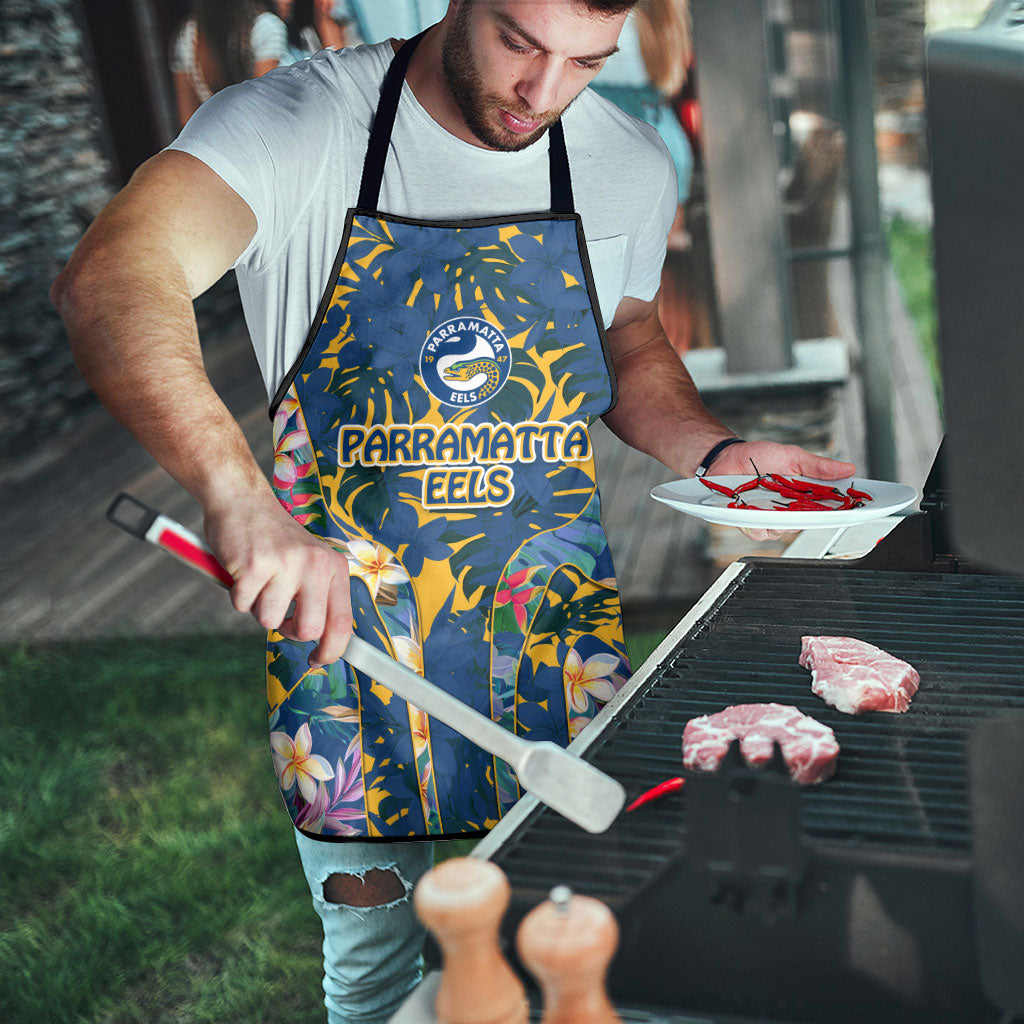 Parramatta Eels Apron Tropical Hibiscus Floral Pattern With Blue And Yellow Accents
