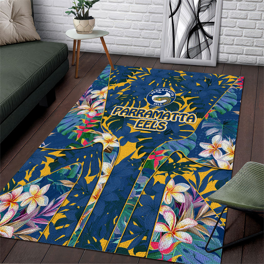 Parramatta Eels Area Rug Tropical Hibiscus Floral Pattern With Blue And Yellow Accents