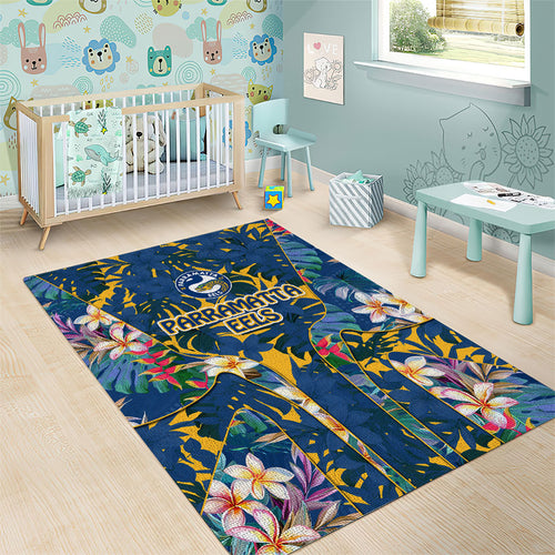 Parramatta Eels Area Rug Tropical Hibiscus Floral Pattern With Blue And Yellow Accents