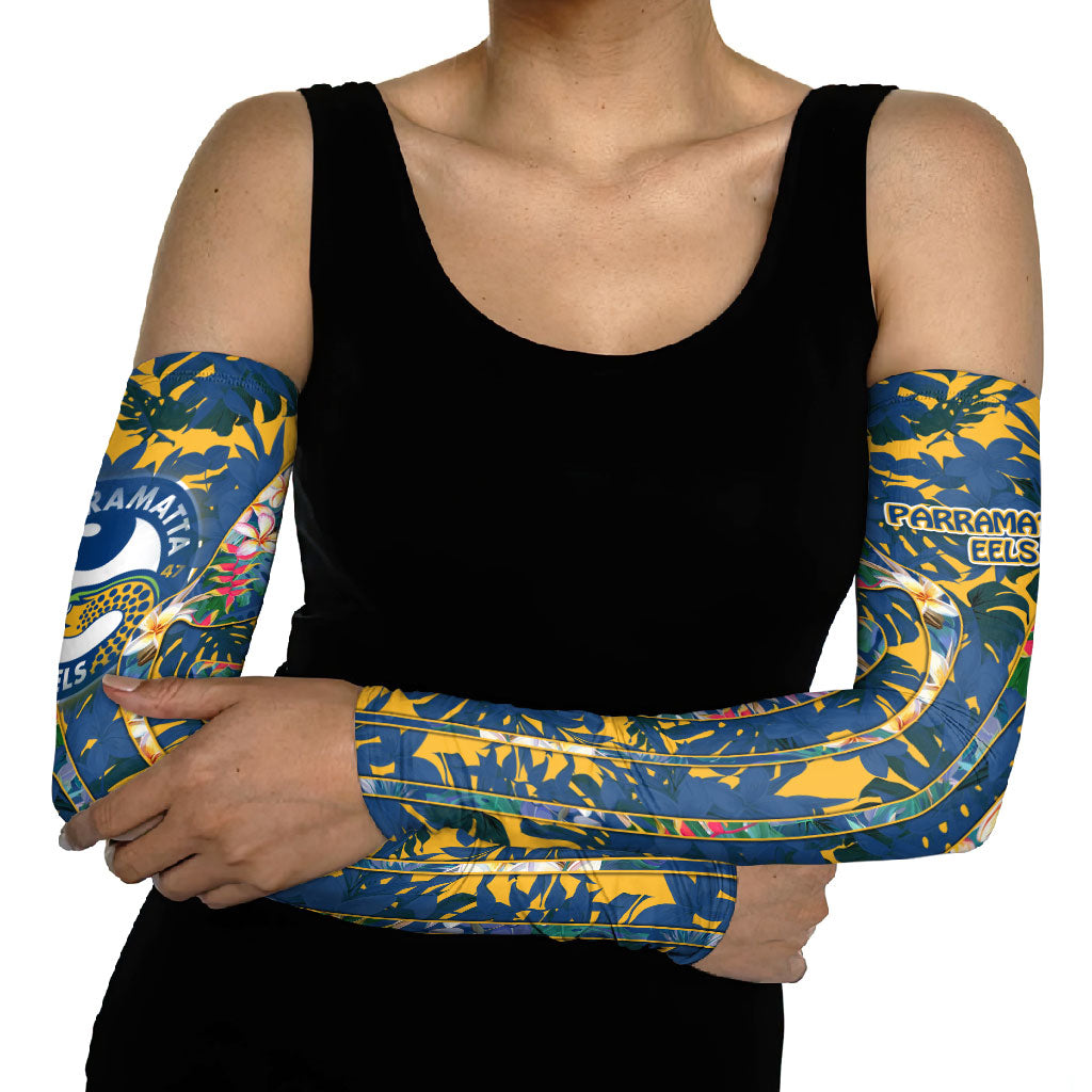 Parramatta Eels Arm Sleeves Tropical Hibiscus Floral Pattern With Blue And Yellow Accents