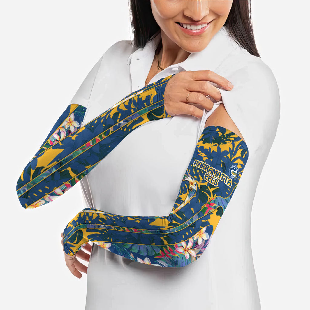 Parramatta Eels Arm Sleeves Tropical Hibiscus Floral Pattern With Blue And Yellow Accents