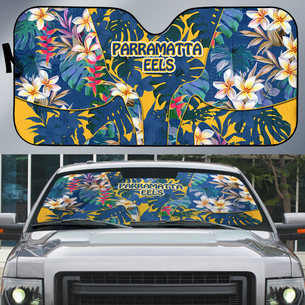 Parramatta Eels Auto Sun Shade Tropical Hibiscus Floral Pattern With Blue And Yellow Accents