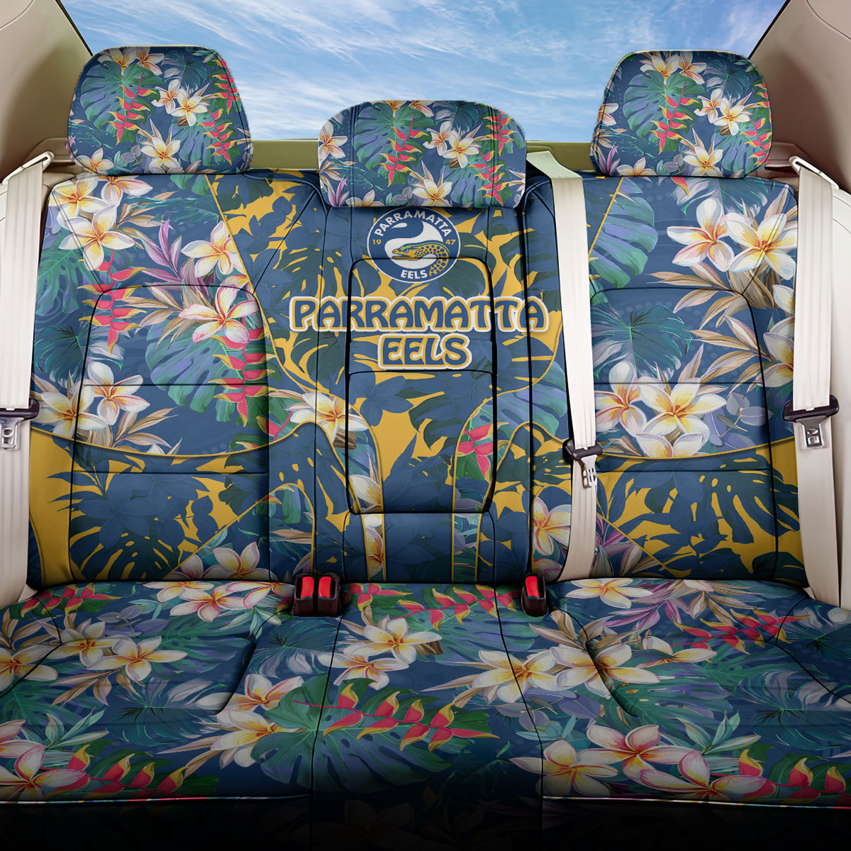 Parramatta Eels Back Car Seat Cover Tropical Hibiscus Floral Pattern With Blue And Yellow Accents