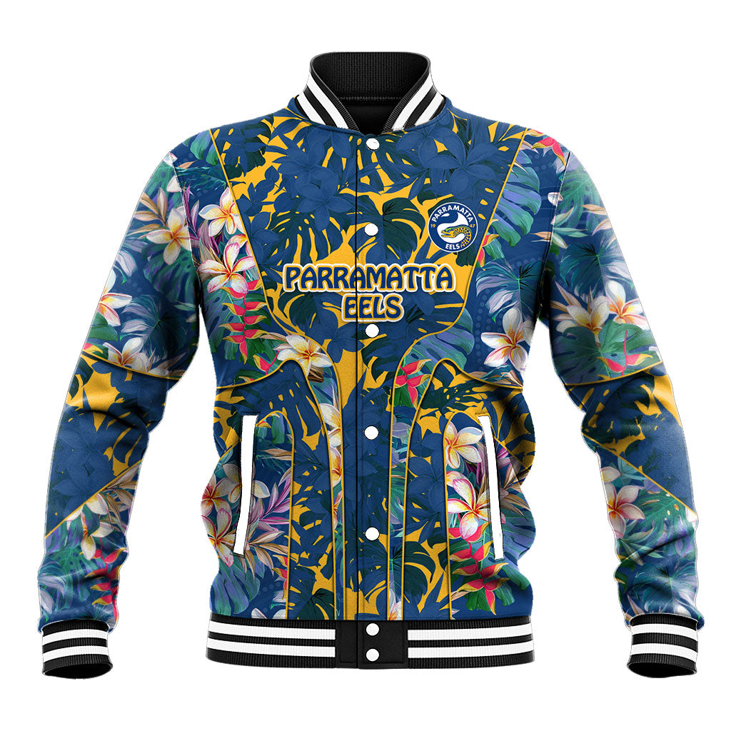 Parramatta Eels Baseball Jacket Tropical Hibiscus Floral Pattern With Blue And Yellow Accents