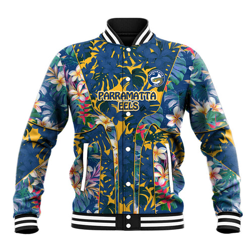 Parramatta Eels Baseball Jacket Tropical Hibiscus Floral Pattern With Blue And Yellow Accents