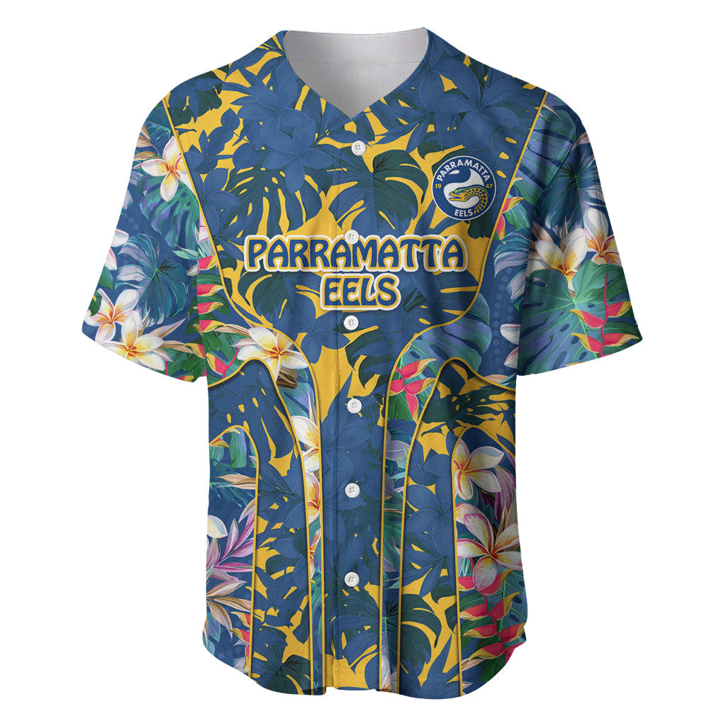 Parramatta Eels Baseball Jersey Tropical Hibiscus Floral Pattern With Blue And Yellow Accents