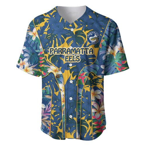 Parramatta Eels Baseball Jersey Tropical Hibiscus Floral Pattern With Blue And Yellow Accents