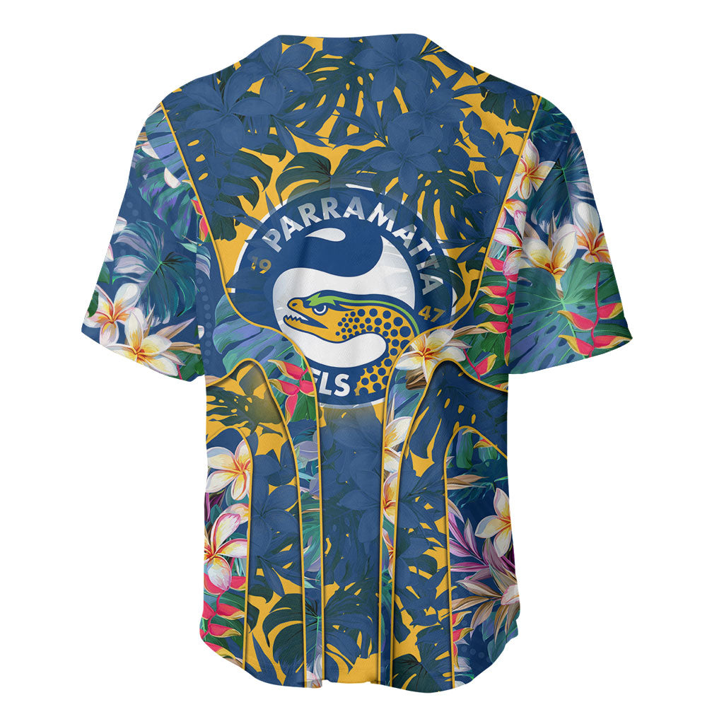 Parramatta Eels Baseball Jersey Tropical Hibiscus Floral Pattern With Blue And Yellow Accents