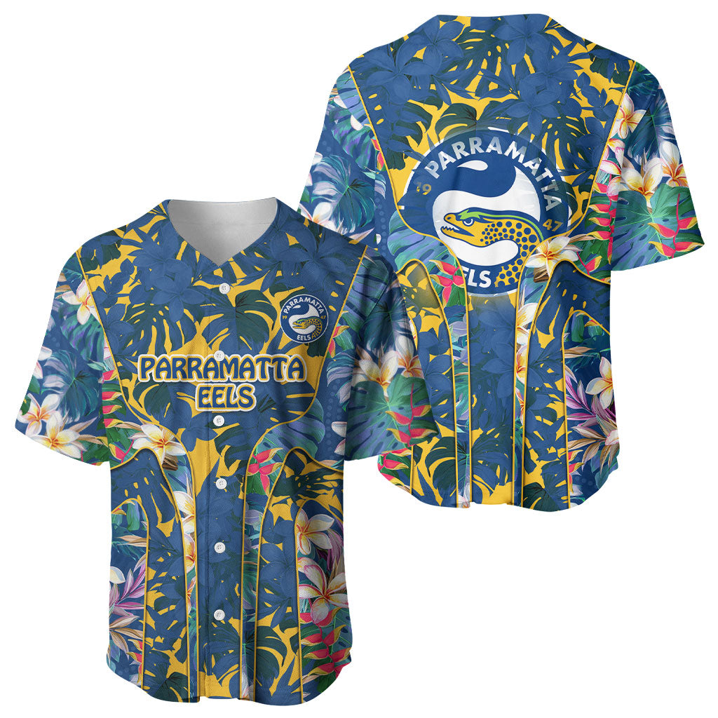 Parramatta Eels Baseball Jersey Tropical Hibiscus Floral Pattern With Blue And Yellow Accents