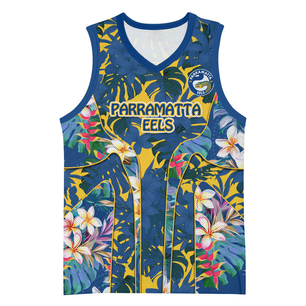 Parramatta Eels Basketball Jersey Tropical Hibiscus Floral Pattern With Blue And Yellow Accents