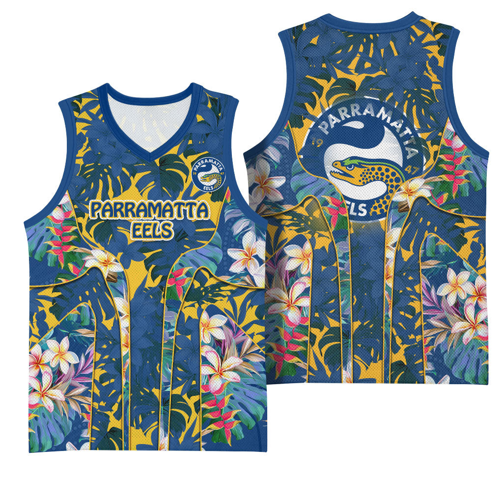 Parramatta Eels Basketball Jersey Tropical Hibiscus Floral Pattern With Blue And Yellow Accents