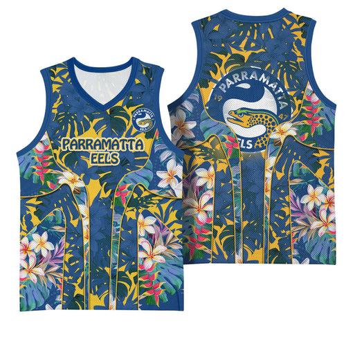 Parramatta Eels Basketball Jersey Tropical Hibiscus Floral Pattern With Blue And Yellow Accents