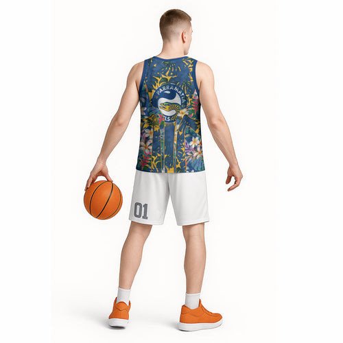 Parramatta Eels Basketball Jersey Tropical Hibiscus Floral Pattern With Blue And Yellow Accents