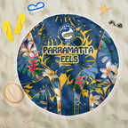 Parramatta Eels Beach Blanket Tropical Hibiscus Floral Pattern With Blue And Yellow Accents