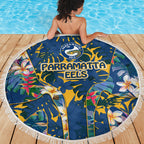 Parramatta Eels Beach Blanket Tropical Hibiscus Floral Pattern With Blue And Yellow Accents