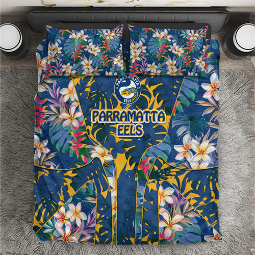 Parramatta Eels Bedding Set Tropical Hibiscus Floral Pattern With Blue And Yellow Accents