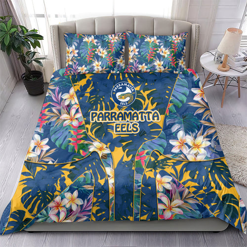 Parramatta Eels Bedding Set Tropical Hibiscus Floral Pattern With Blue And Yellow Accents
