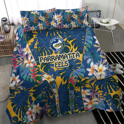 Parramatta Eels Bedding Set Tropical Hibiscus Floral Pattern With Blue And Yellow Accents