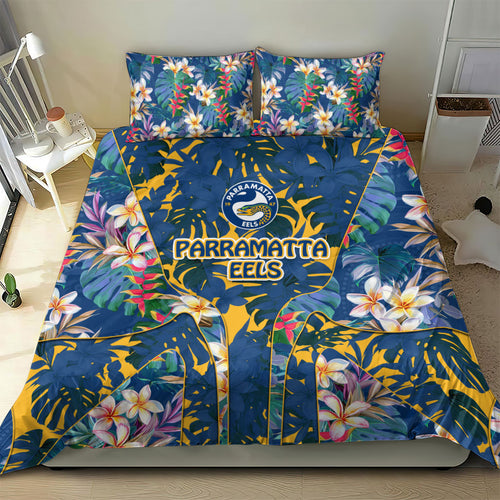 Parramatta Eels Bedding Set Tropical Hibiscus Floral Pattern With Blue And Yellow Accents