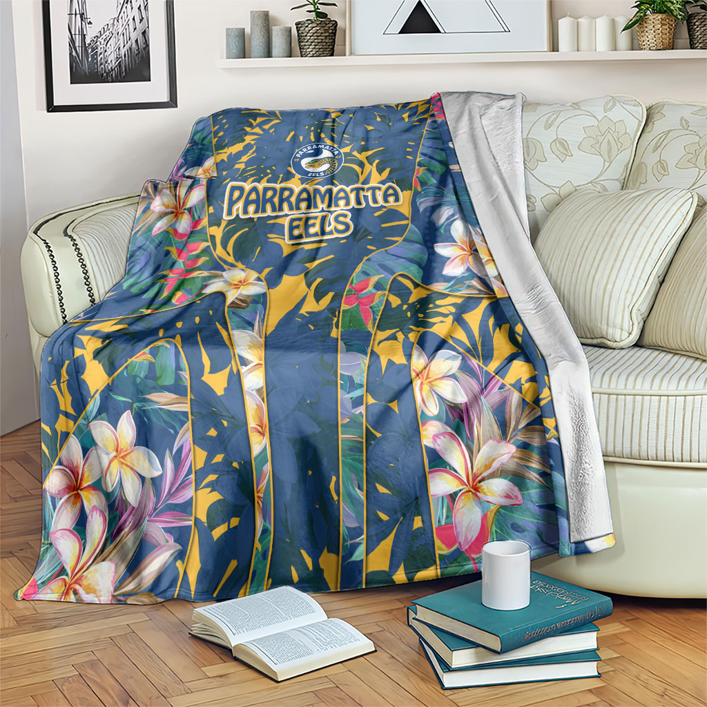 Parramatta Eels Blanket Tropical Hibiscus Floral Pattern With Blue And Yellow Accents