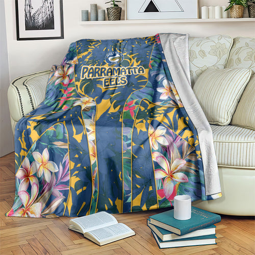 Parramatta Eels Blanket Tropical Hibiscus Floral Pattern With Blue And Yellow Accents