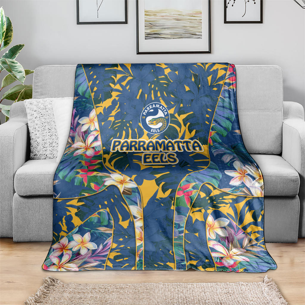Parramatta Eels Blanket Tropical Hibiscus Floral Pattern With Blue And Yellow Accents