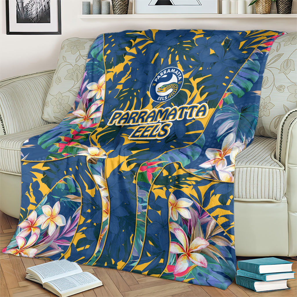 Parramatta Eels Blanket Tropical Hibiscus Floral Pattern With Blue And Yellow Accents