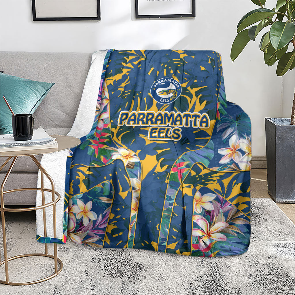 Parramatta Eels Blanket Tropical Hibiscus Floral Pattern With Blue And Yellow Accents