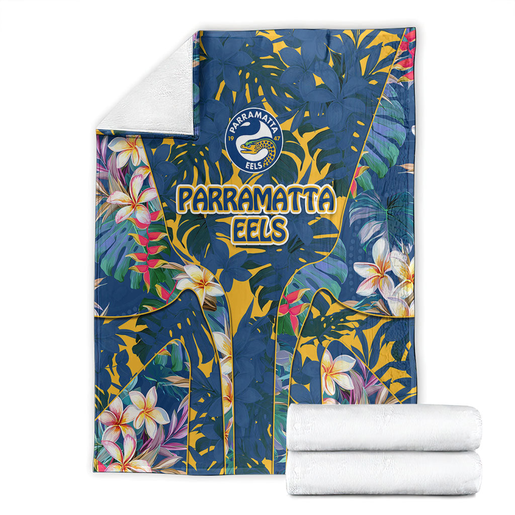 Parramatta Eels Blanket Tropical Hibiscus Floral Pattern With Blue And Yellow Accents