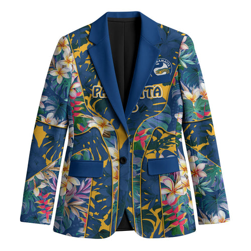 Parramatta Eels Blazer Tropical Hibiscus Floral Pattern With Blue And Yellow Accents